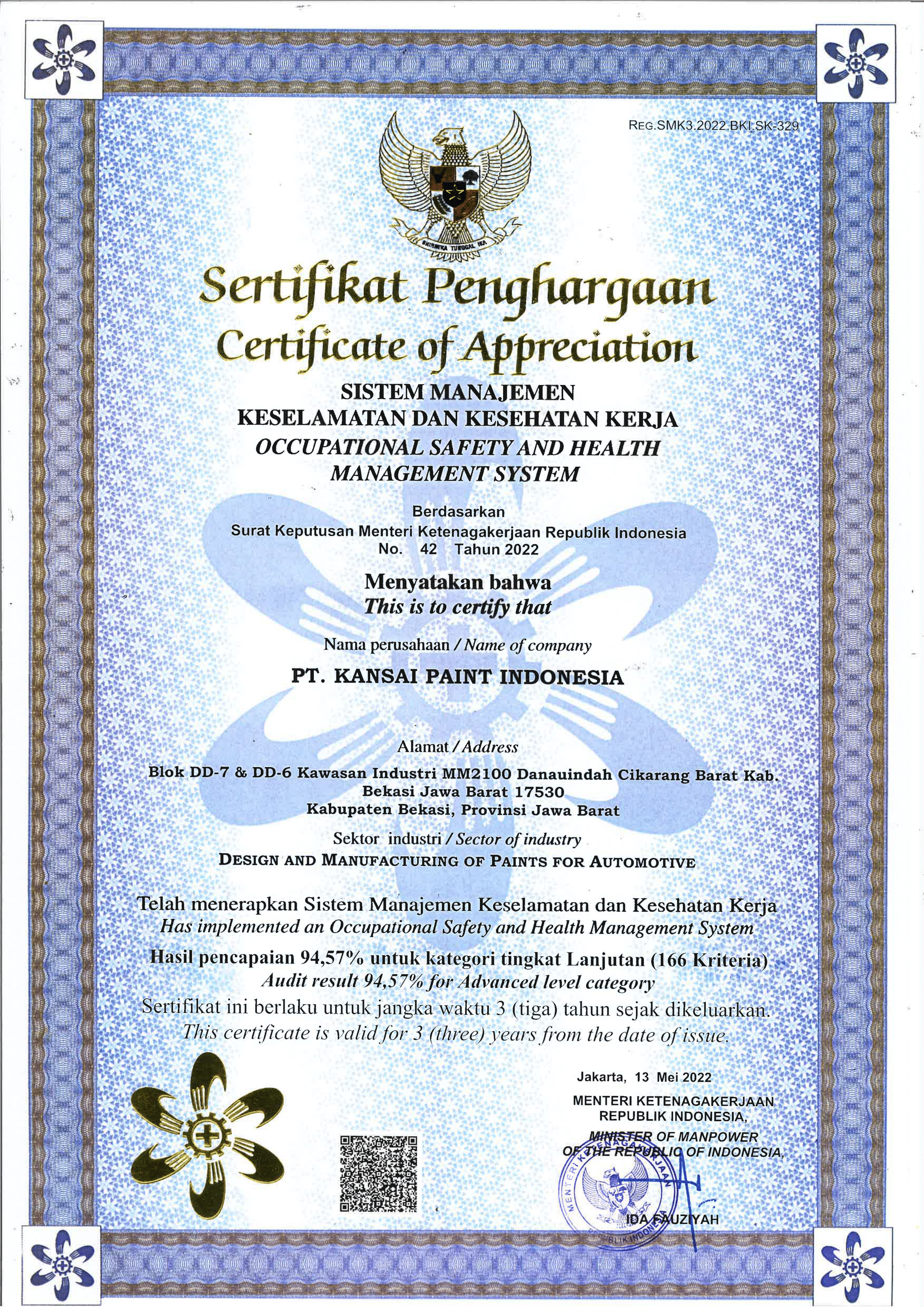 Safety and Health Management System (SMK3) Certificate